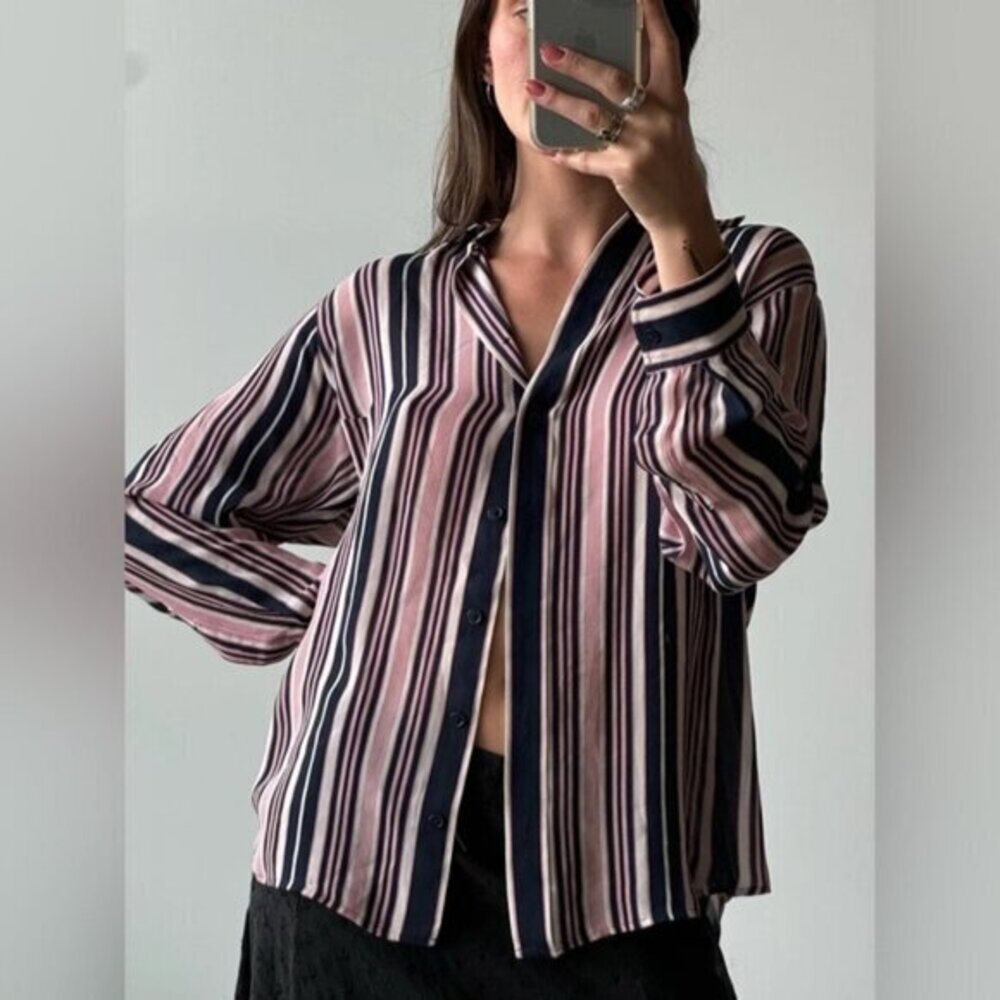 Ralph Lauren 100% Silk Striped Blouse Blue & White — Vintage, Size S